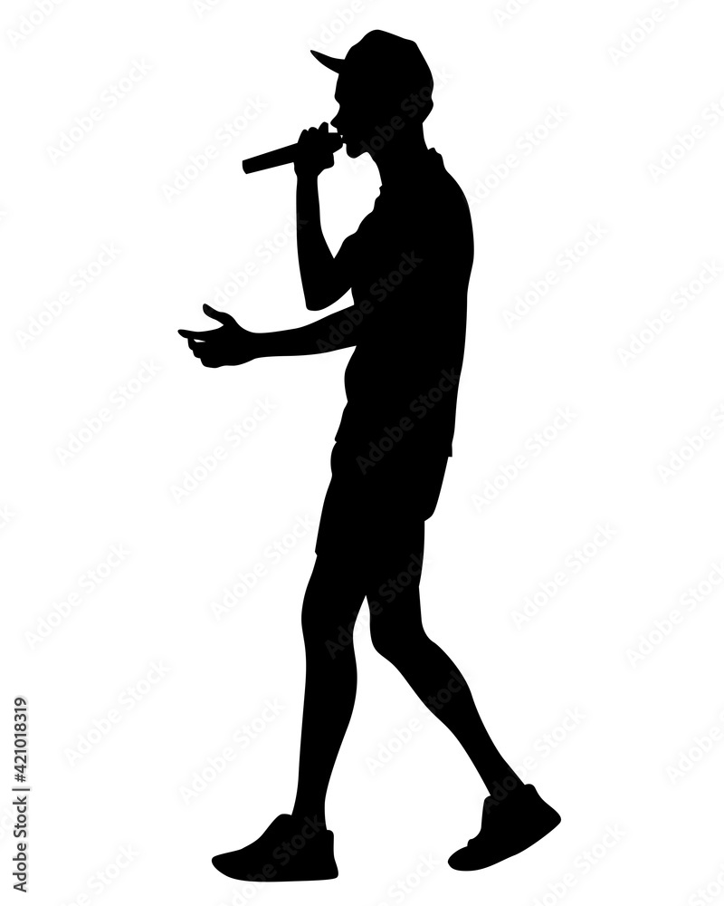 Young man with a microphone reads a rap. Stylized image on theme of hip hop