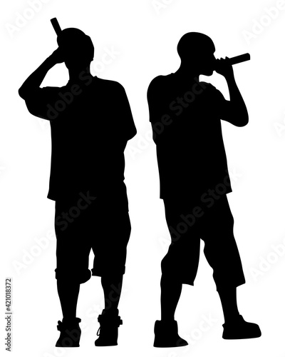 Young man with a microphone reads a rap. Stylized image on theme of hip hop