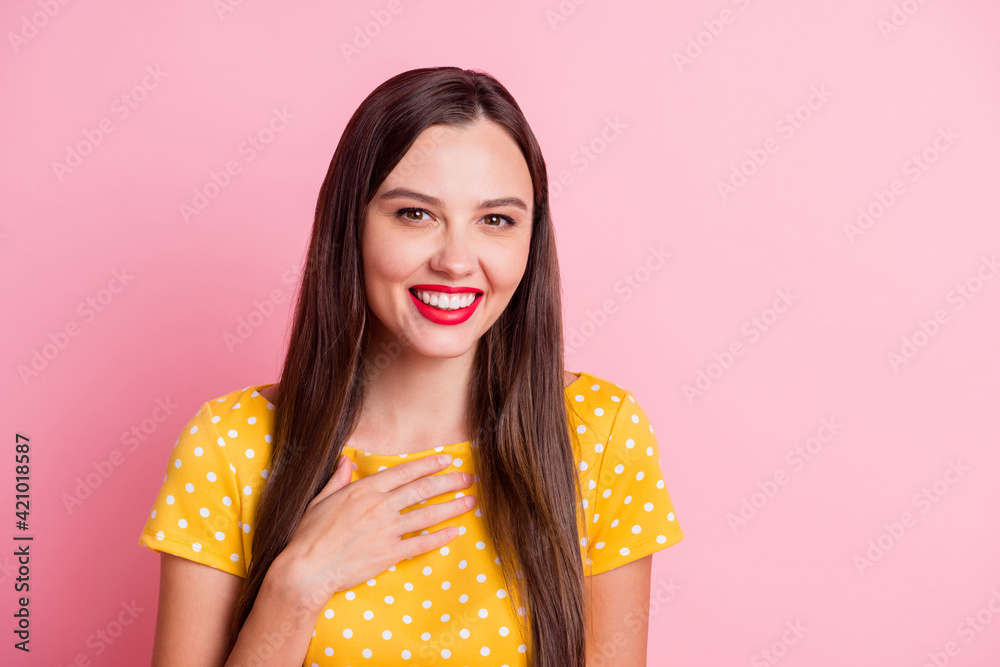 Photo of young attractive girl happy positive smile enjoy humor laugh isolated over pink color background