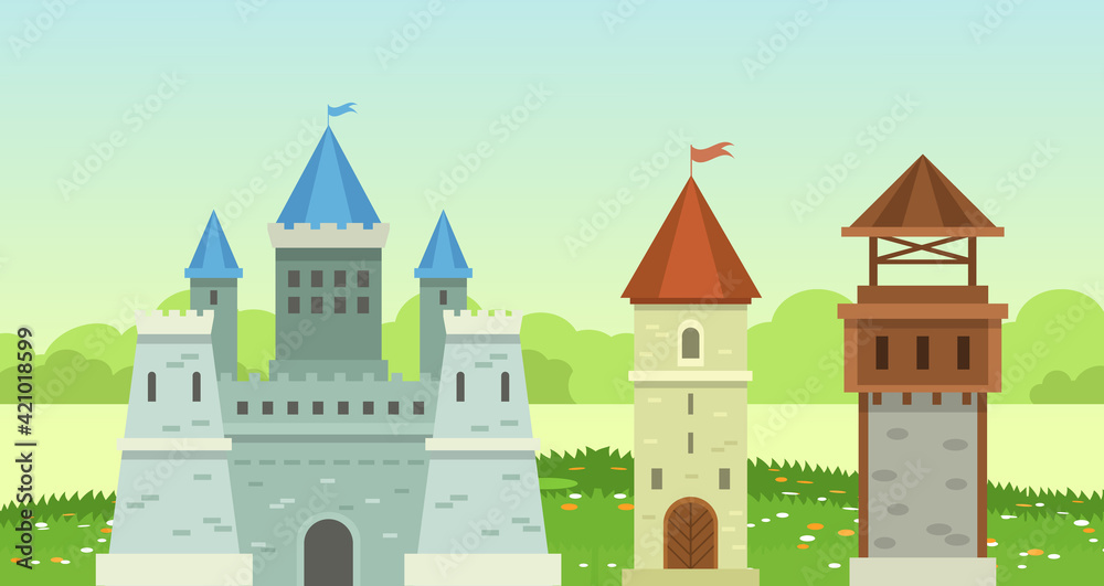 Castle medieval tower. The fairytale medieval tower,princess castle, fortified palace with gates, medieval buildings, historical towered house cartoon on background of beautiful nature
