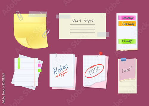 Paper notes on stickers, reminders notepads, memo messages torn paper sheets attached with transparent tape. Office torn pieces for write short notes, messages of meeting reminder, to-do list