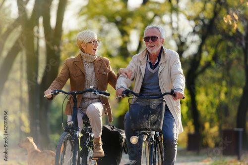 Cheerful active senior couple with bicycle in public park together having fun. Perfect activities for elderly people. Happy mature couple riding bicycles in park