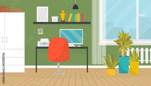 Cool modern teenager or home office room interior with table, chair, cupboard, computer, books and window in flat style. Vector illustration.