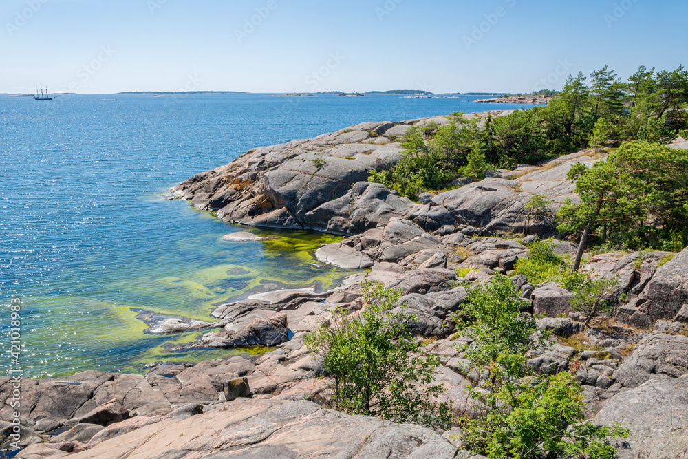 View of the rocky shore of Puistovuori, Hanko, Finland