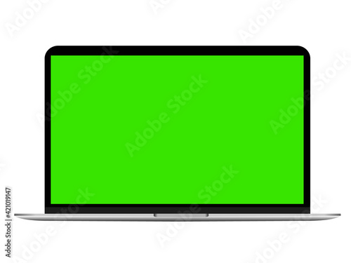Grey laptop with green screen vector illustration. Notebook isolated on white background with place for advertisement. Chromakey space on screen of personal computer.