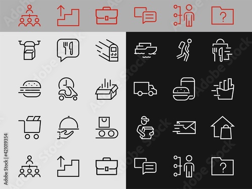 PIZZA DELIVERY, and Food Icon Set Vector thin line, contains courier, home delivery, food ordering, fast transport, drone, ship, car, editable stroke. ICONS circuits