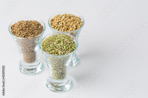 Anise, coriander and cumin seeds in studio