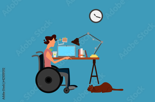 Work-from-home concept. Woman on Wheelchair working on a laptop in a private space. Occupational access to people with mobility disabilities. Flat design vector illustration