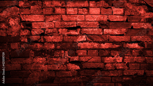 Old dilapidated brick wall. Red toned brick background with copy space for design. Web banner. Horror, Halloween, decay, gothic concept.