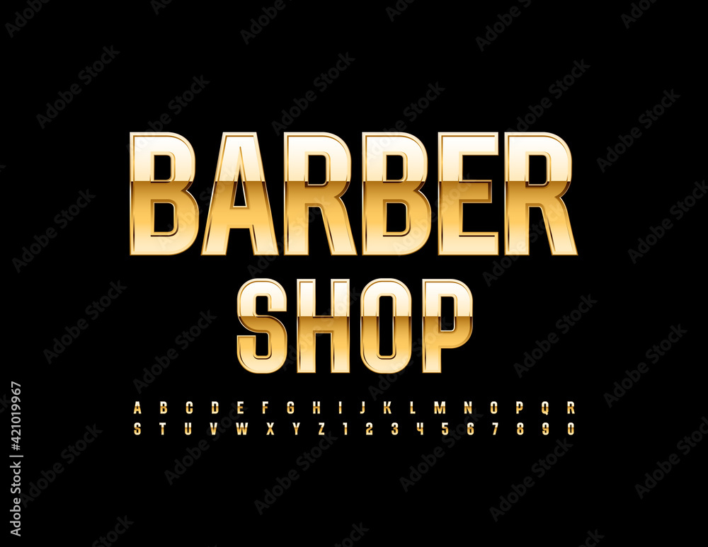 Vector modern logo Barber Shop. Elite shiny Font. Luxury Gold Alphabet Letters and Numbers set Vector modern logo Barber Shop. Elite shiny Font. Luxury Gold Alphabet Letters and Numbers set