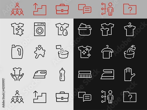 Simple set of washing related vector line Icons. Contains icons such as washing machine, powder, laundry, dirty t-shirt and much more. On a white background, editable stroke. 48x48 pixels perfect