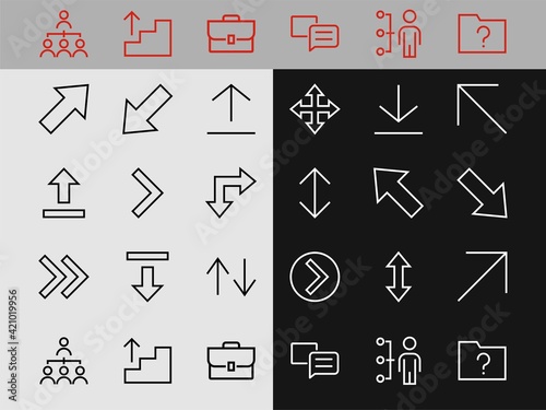 Set of line arrows, directions, arrows, contains icons such as pause, continuation, directly, to the right, Editable stroke. 480x480, On a white background, Vector illustration