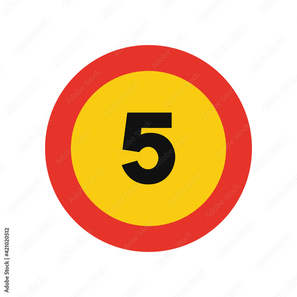 Rounded traffic signal in yellow and red, isolated on white background. Temporary speed limit of five Rounded traffic signal in yellow and red, isolated on white background. Temporary speed limit of five