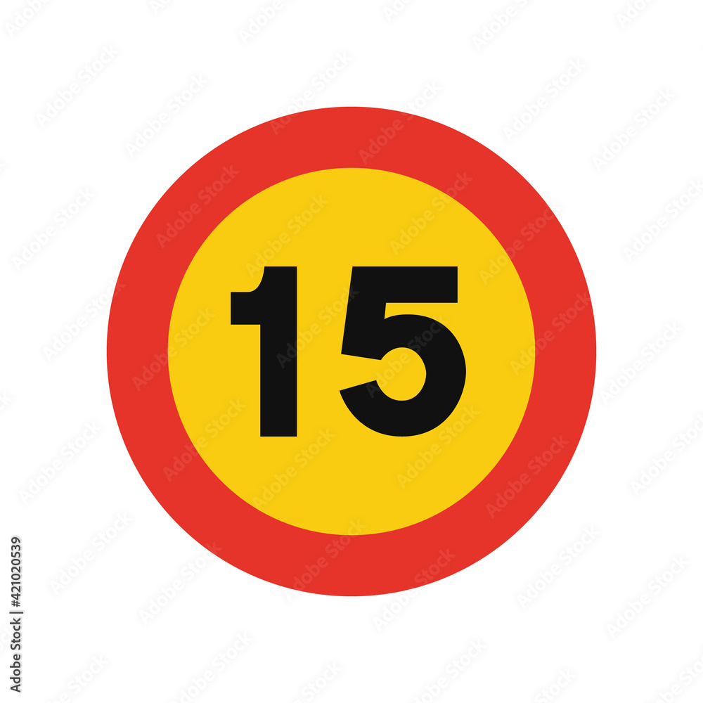 Rounded traffic signal in yellow and red, isolated on white background. Temporary speed limit of fifteen Rounded traffic signal in yellow and red, isolated on white background. Temporary speed limit of fifteen
