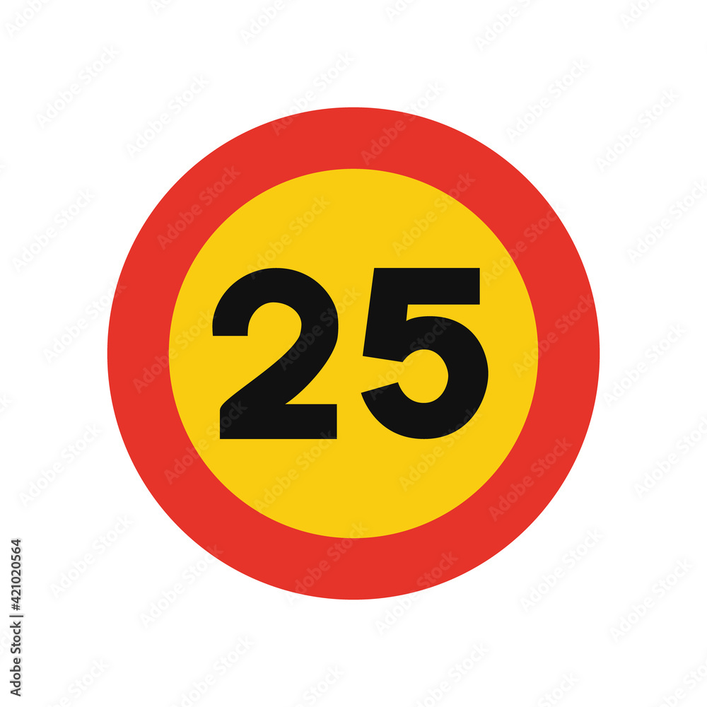 Rounded traffic signal in yellow and red, isolated on white background. Temporary speed limit of twenty five Rounded traffic signal in yellow and red, isolated on white background. Temporary speed limit of twenty five