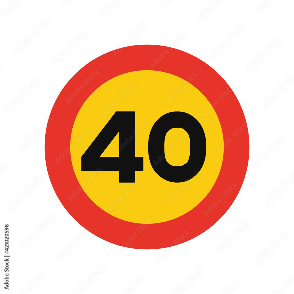 Rounded traffic signal in yellow and red, isolated on white background. Temporary speed limit of forty Rounded traffic signal in yellow and red, isolated on white background. Temporary speed limit of forty