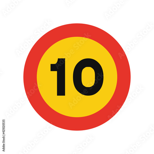 Rounded traffic signal in yellow and red, isolated on white background. Temporary speed limit of ten