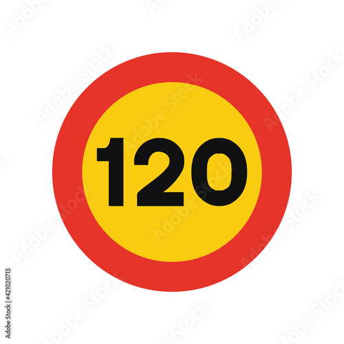 Rounded traffic signal in yellow and red, isolated on white background. Temporary speed limit of one hundred and twenty