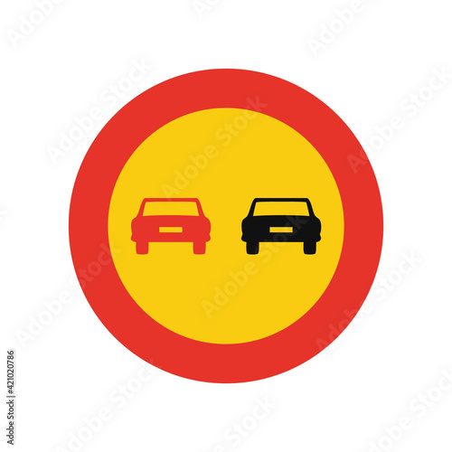 Rounded traffic signal in yellow and red, isolated on white background. Temporary overtaking prohibited