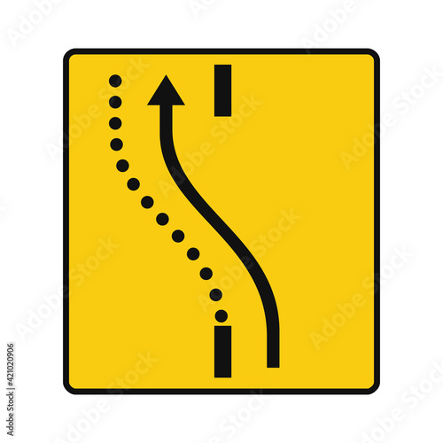Rectangular traffic signal in yellow and black, isolated on white background. Temporary detour of a lane on the opposite road