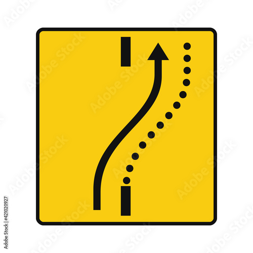 Rectangular traffic signal in yellow and black, isolated on white background. Temporary detour of a lane on the opposite road