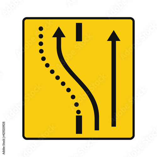Rectangular traffic signal in yellow and black, isolated on white background. Temporary detour of a lane on the opposite road, keeping another on the works road