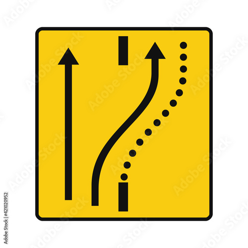 Rectangular traffic signal in yellow and black, isolated on white background. Temporary detour of a lane on the opposite road, keeping another on the works road