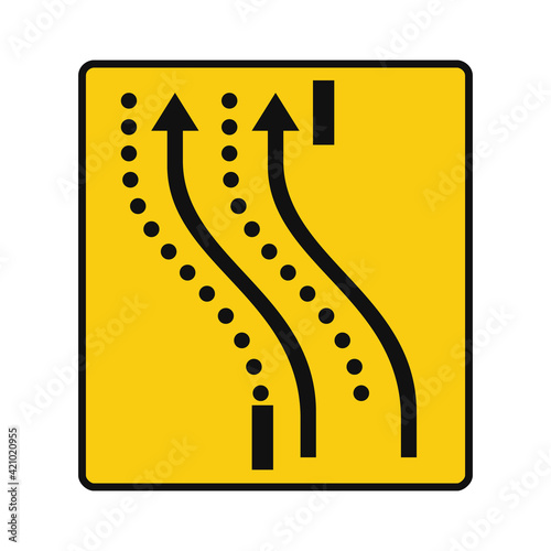 Rectangular traffic signal in yellow and black, isolated on white background. Temporary detour of two lanes on the opposite road