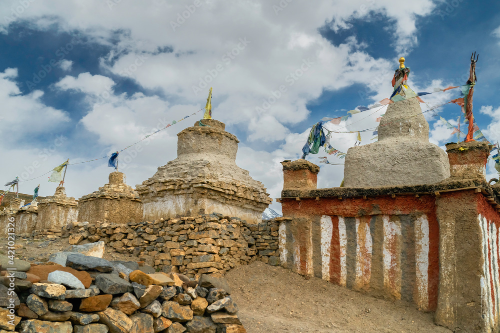Ancient Buddhist religious monuments  and stone walls in Tashigang, Himachal Pradesh, India.
