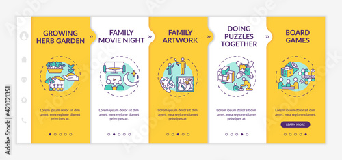 Indoor family activities onboarding vector template. Growing herb garden. Family movie night. Responsive mobile website with icons. Webpage walkthrough step screens. RGB color concept