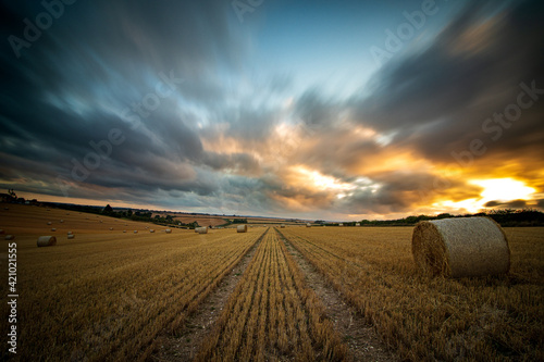 Sunset over Field of Hay Bales