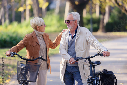 Cheerful active senior couple with bicycles walking through park together. Perfect activities for elderly people