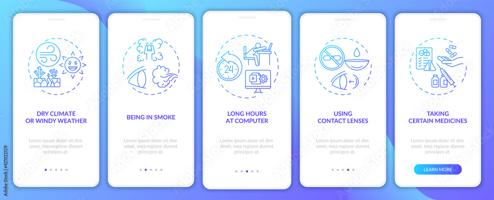 Dry eye causes onboarding mobile app page screen with concepts. Using contact lenses or glasses walkthrough 5 steps graphic instructions. UI vector template with RGB color illustrations