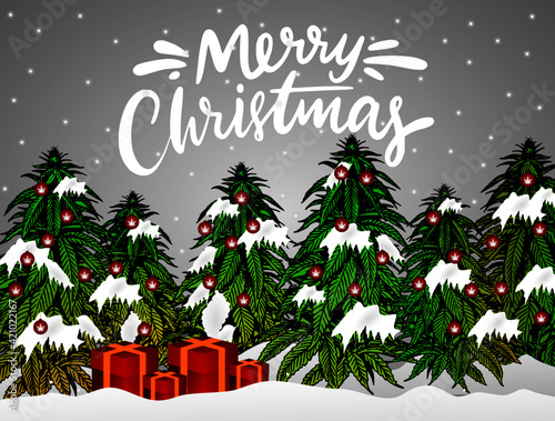 background merry christmas with green cannabis leaves plants. Vector hand drawn botanical color illustration with hemp branches. Can be used for poster, label or card design