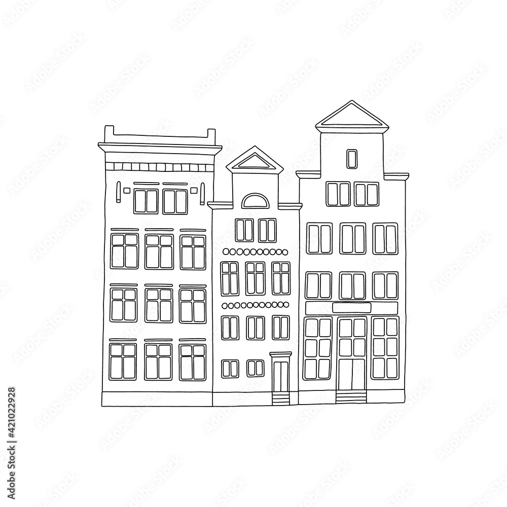 Vector line hand drawn illustration with an old town city cute house panorama. Gdansk, Poland.