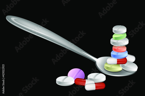 Vector illustration of medicines vitamins in a spoon many different types