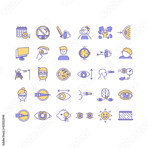 Eye health RGB color icons set. Curing vision system of human body. Removing dead cells of bdy organs. Special medical help to fight diseases and problems. Isolated vector illustrations