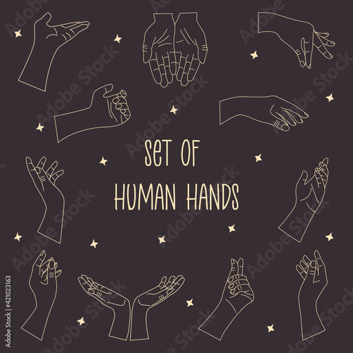 Set of Human hands to the wrist with stars. Linear vector on a dark background. Illustration in hand drawn, minimalistic trendy doodle