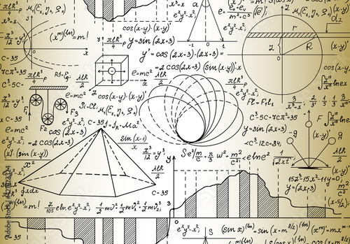 Mathematical manunuscripts and technical drawings on the old paper, scientific vector seamless pattern 