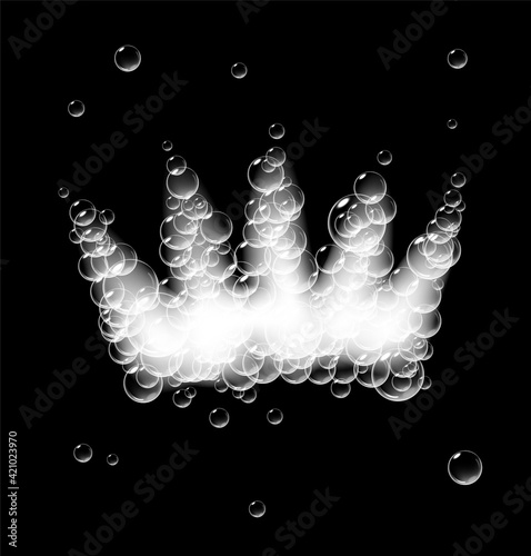 Crown of soap foam with bubbles isolated on black background. Sparkling shampoo and bath lather vector illustration.