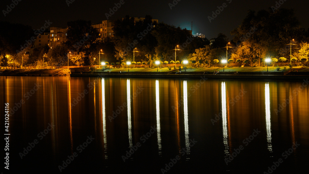 Beautiful night view in Valea Morilor lake in Chisinau, Moldova