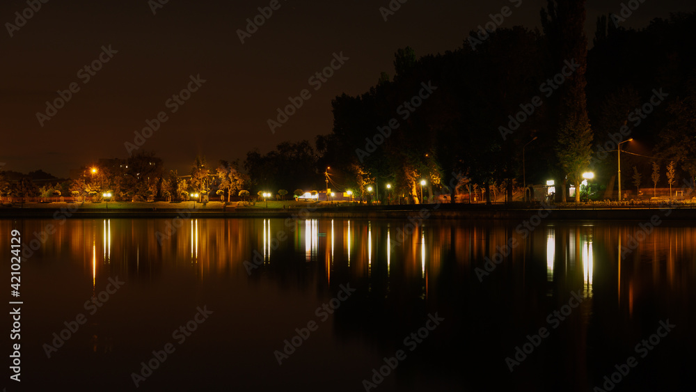 Night on the lake Valea Morilor in Chisinau, Moldova