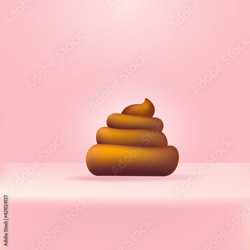 Vector chocolate sweet poop icon isolated on abstract soft cute pink studio table background. Cartoon funky pile of poo sticker for your design