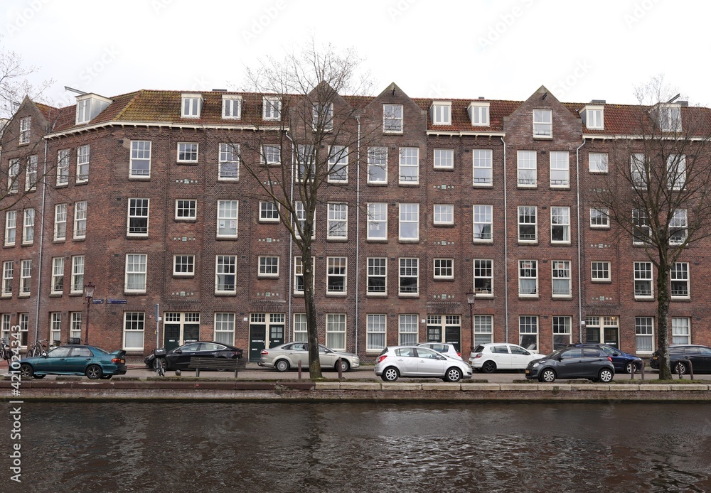 Amsterdam Canal Brown Buildings at the Kostverlorenvaart with Parked Cars