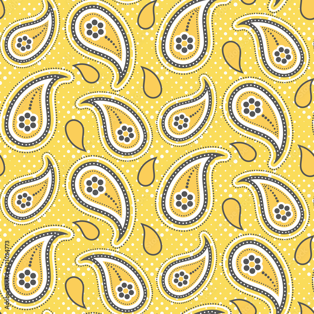 Paisley seamless pattern design on yellow background with gray elements Paisley seamless pattern design on yellow background with gray elements