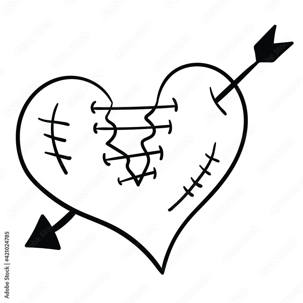 Broken heart line art cartoon for tattoo, coloring Stock Vector | Adobe Stock Broken heart line art cartoon for tattoo, coloring Stock Vector | Adobe Stock