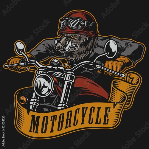Wild boar biker vintage colorful label