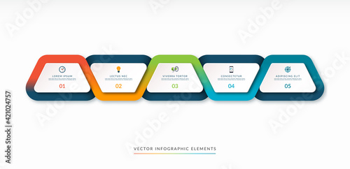infographic timeline in the form of five trapezoidal design elements surrounded with a multicolor flowing ribbon. Can be used for brochure, presentation, report, chart, graph, web design.