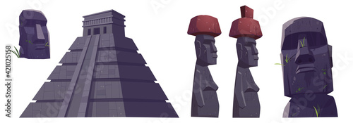 Cartoon ancient moai statues and mayan pyramids