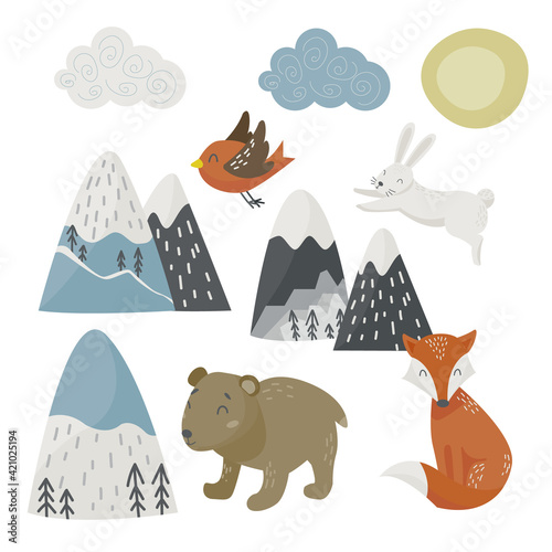 Set of scandinavian style mountain and woodland animals on white background for scrapbooking, stickers, decals, fabric, decoration, invitation